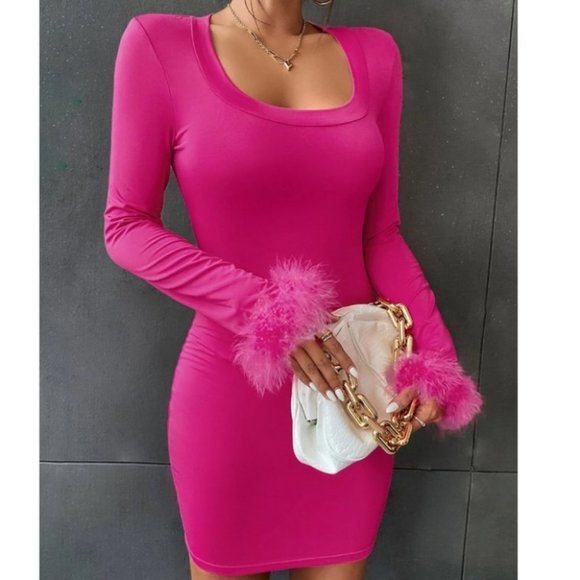 pink Scoop Neckline Fuzzy feather Cuff Bodycon Mini Dress - Picture 7 of 7